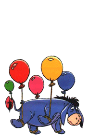 Eeyore floating with the balloons